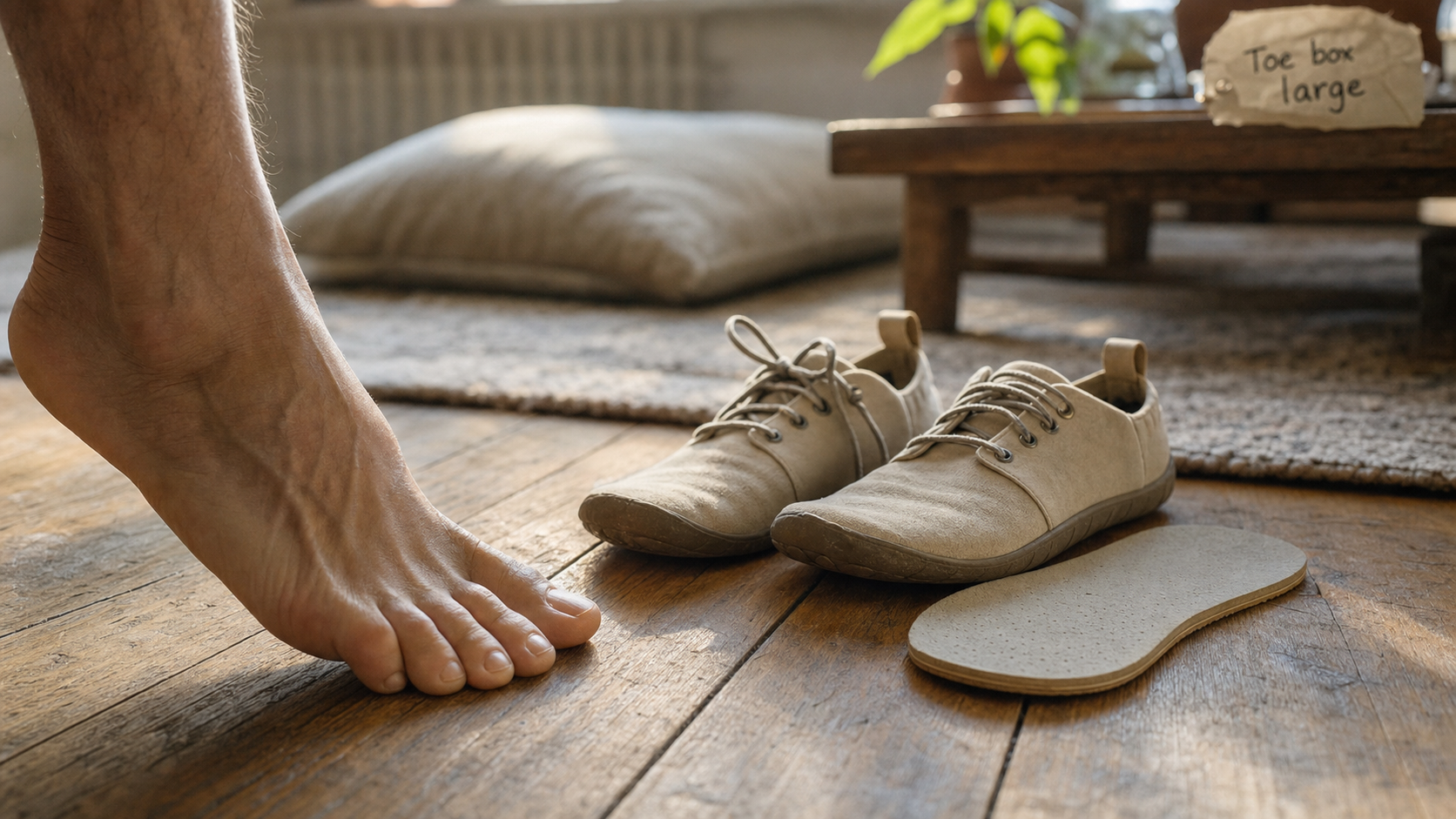 Chaussure pieds nu semelle fine toe box large, pieds au sol