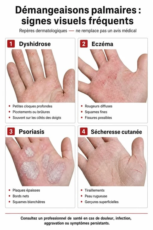 Infographie des causes de démangeaison paume de main : dyshidrose, eczéma et psoriasis
