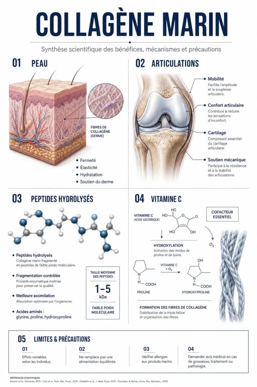 Collagène marin bienfaits : visuel de synthèse sur la peau, les articulations et la vitamine C