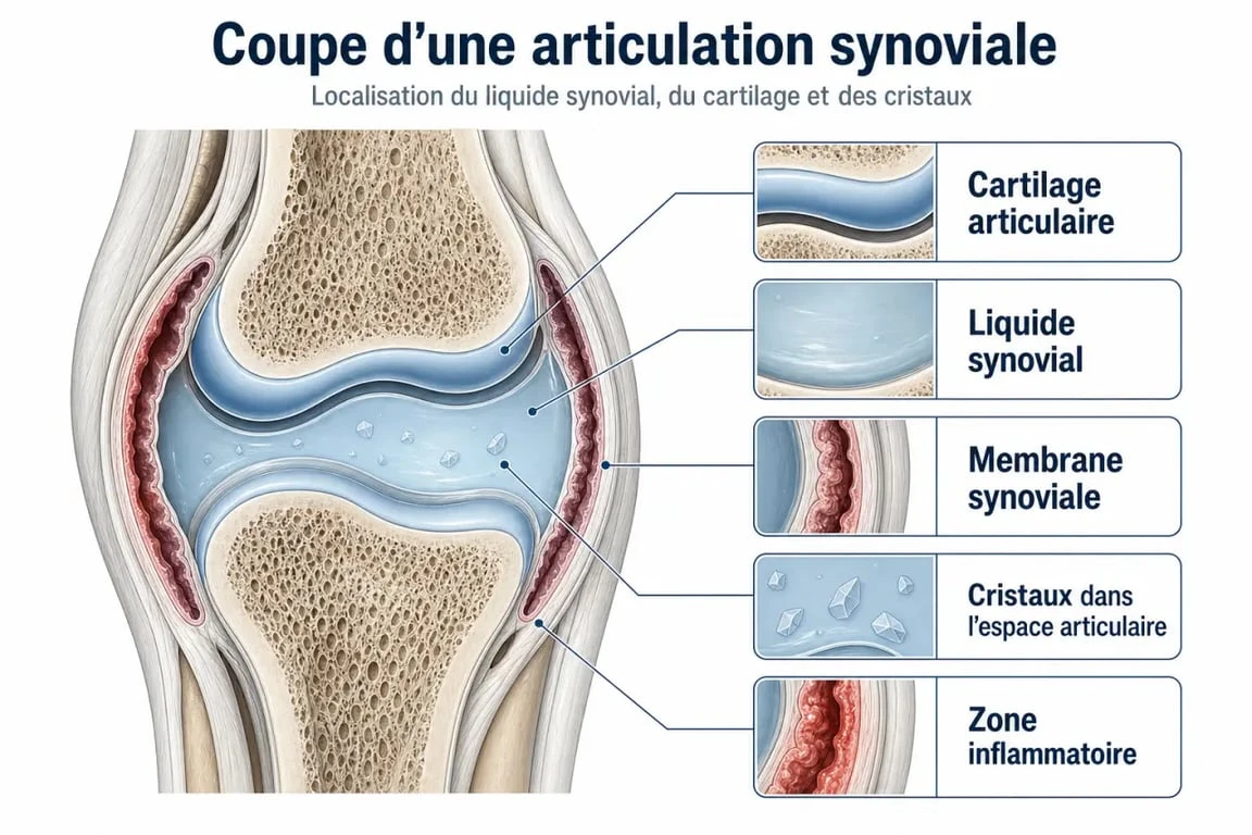 Cristaux dans les articulations : schéma médical du liquide synovial et des dépôts microcristallins