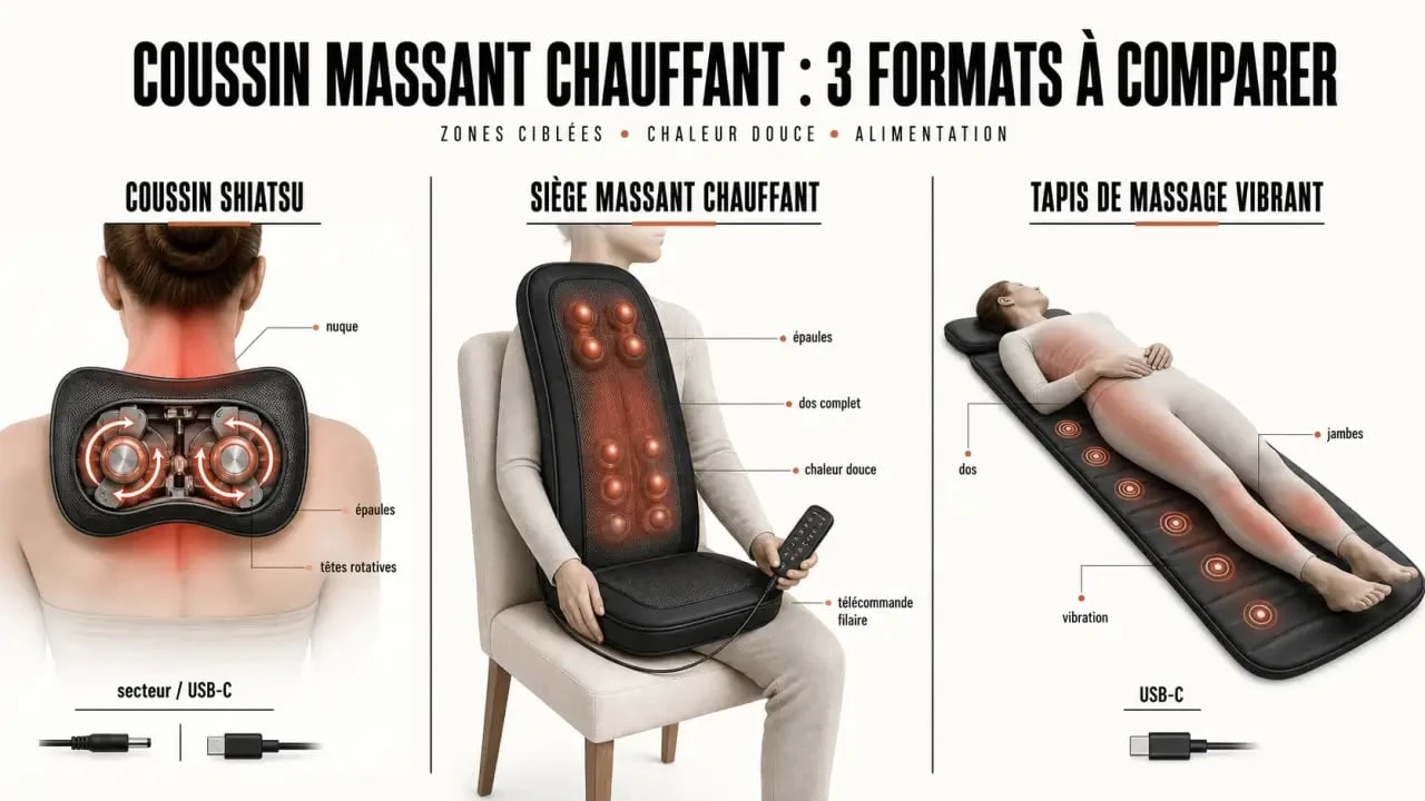Comparaison d’un coussin massant chauffant, d’un siège massant et d’un tapis de massage avec zones ciblées et fonctions principales