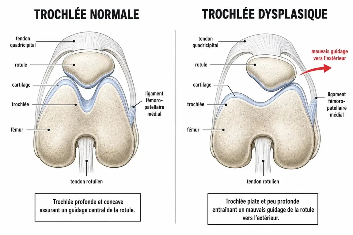 Schéma de dysplasie genou montrant la rotule, la trochlée fémorale et le mauvais guidage de l’articulation