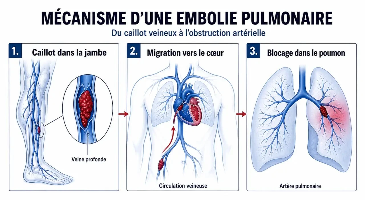 Schéma sur les risques d'embolie pulmonaire montrant un caillot qui migre de la jambe vers les poumons