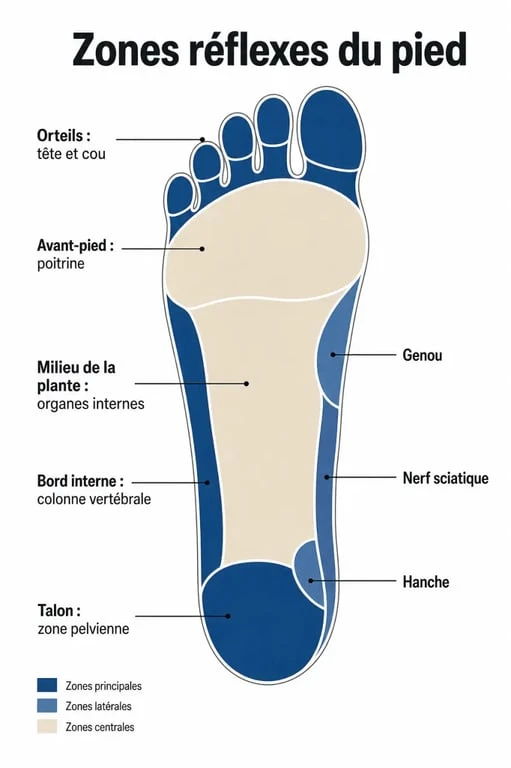 Schéma de pie reflexologia montrant les zones réflexes du pied