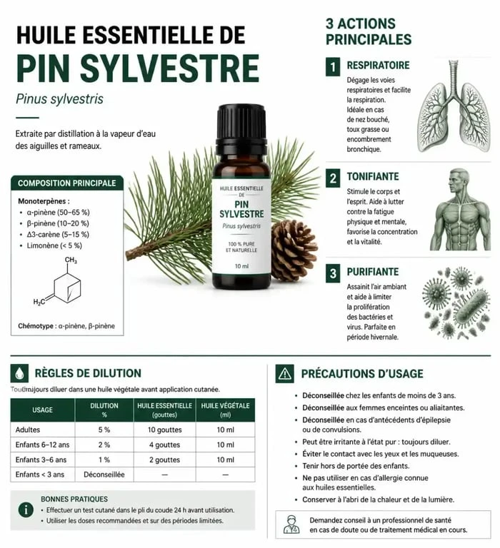 Infographie des bienfaits et précautions de l'huile essentielle de pin sylvestre