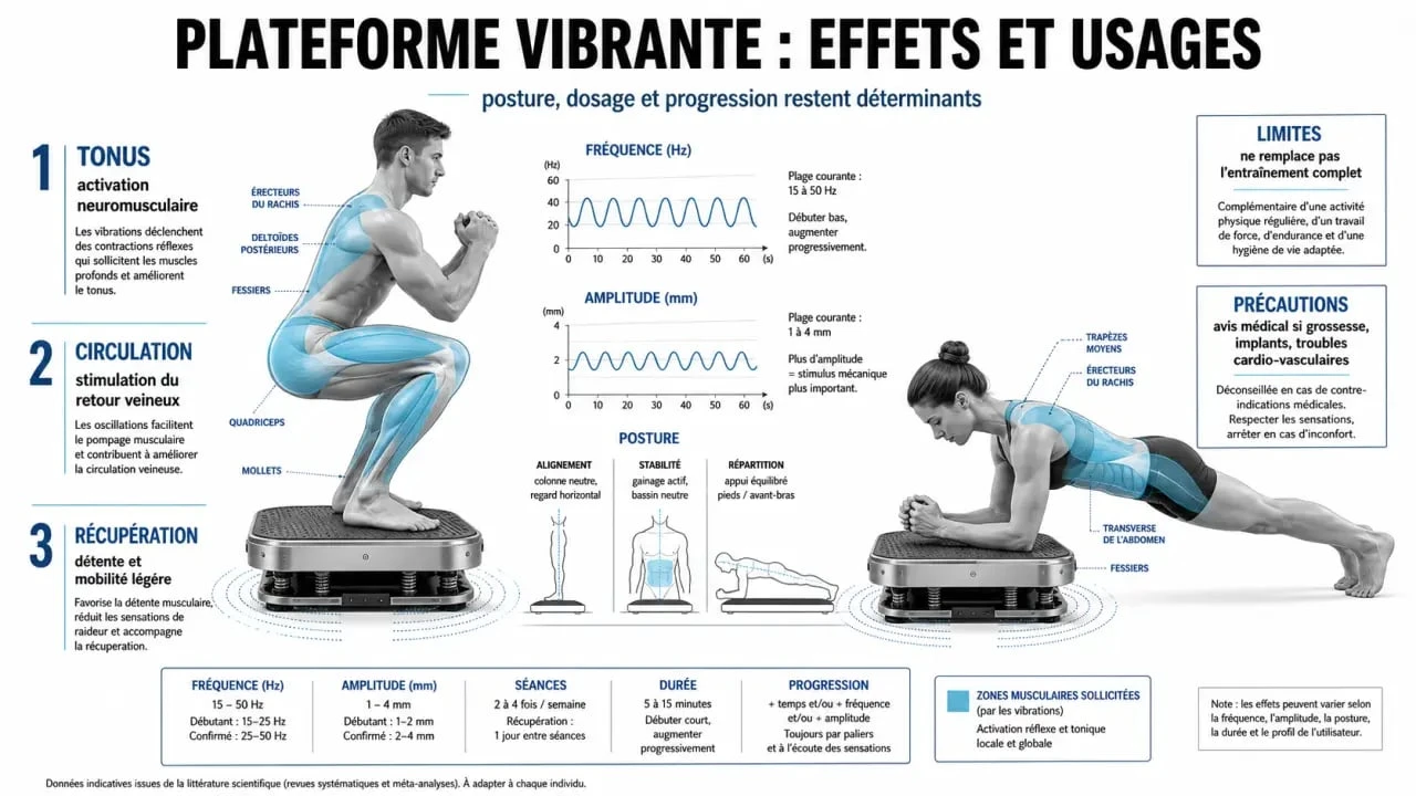 Plateforme vibrante bienfaits : schéma des effets sur le corps, bénéfices, limites et précautions