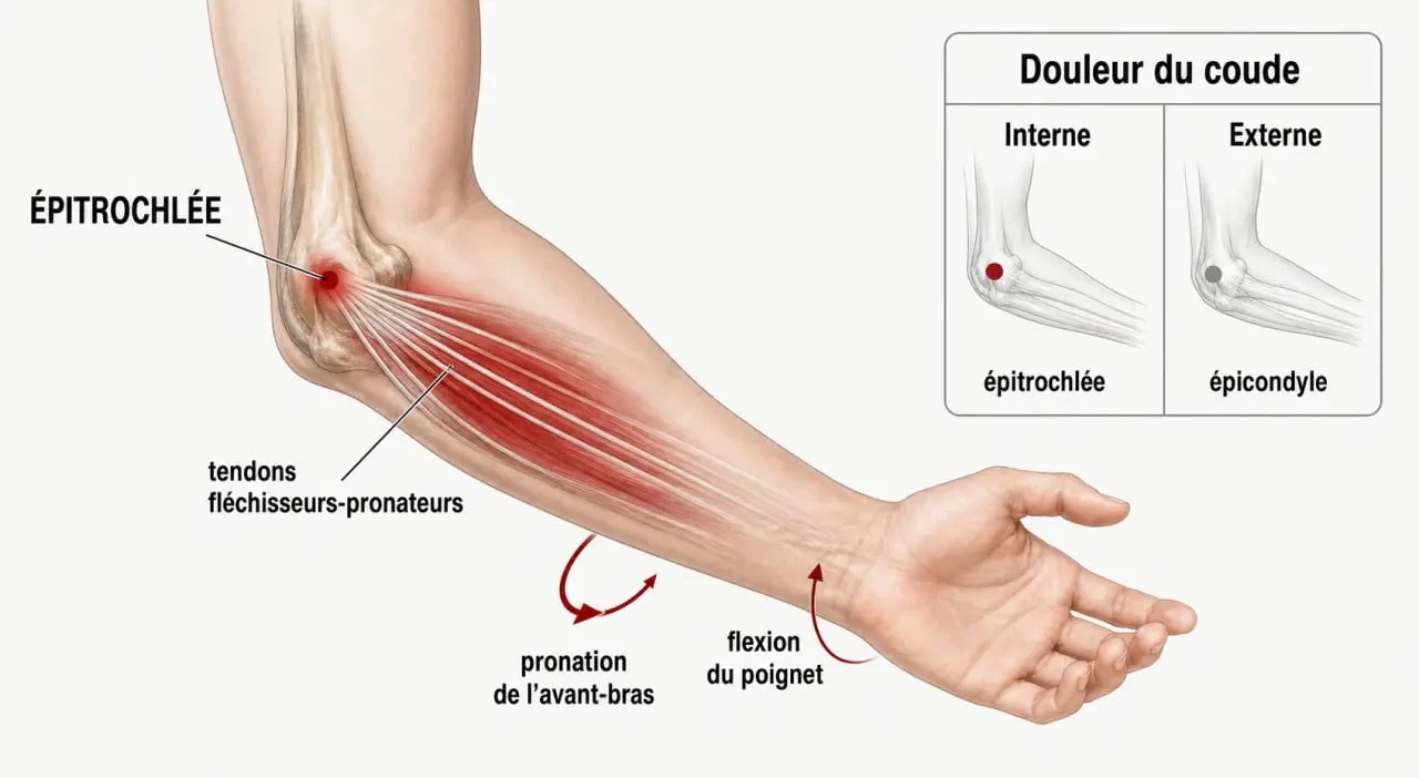 Schéma de l’épitrochléite coude montrant la face interne du coude et les tendons fléchisseurs-pronateurs
