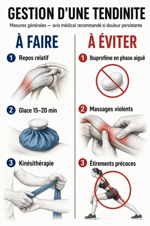 Infographie sur les bons réflexes et les erreurs à éviter en cas de tendinite pour une meilleure récupération.