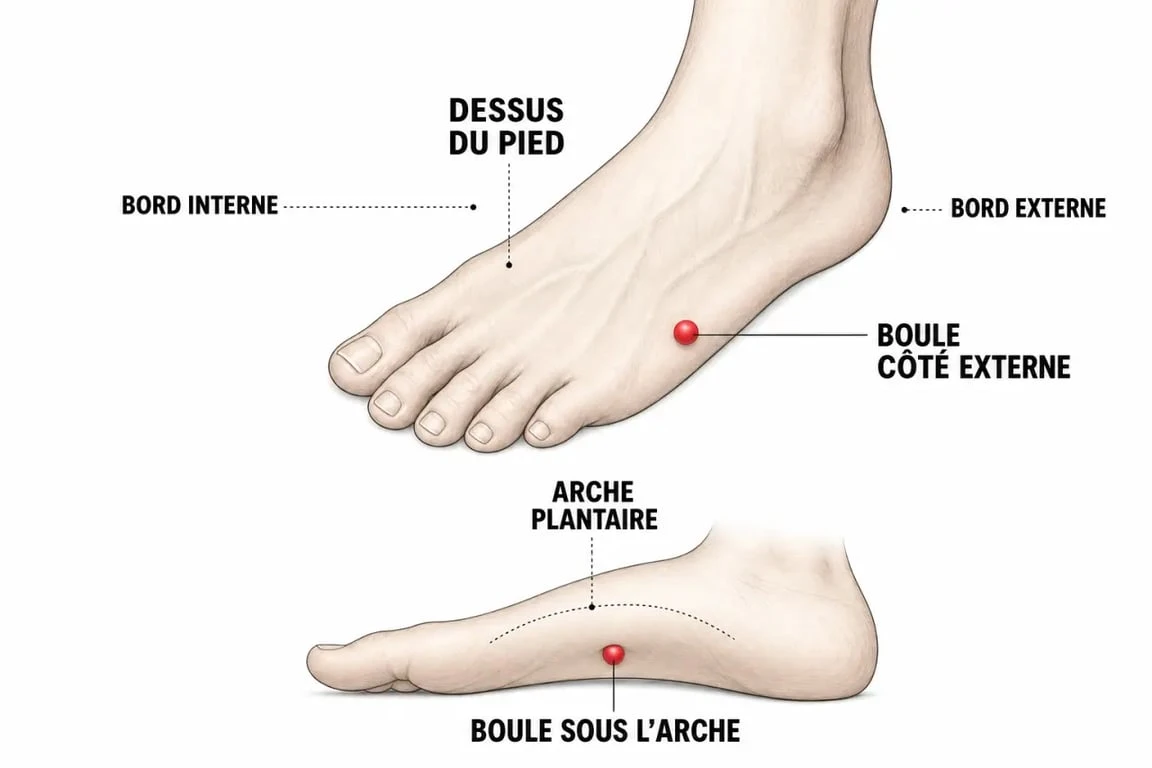 Petite boule sur le côté du pied : schéma médical du pied avec zones de localisation possibles
