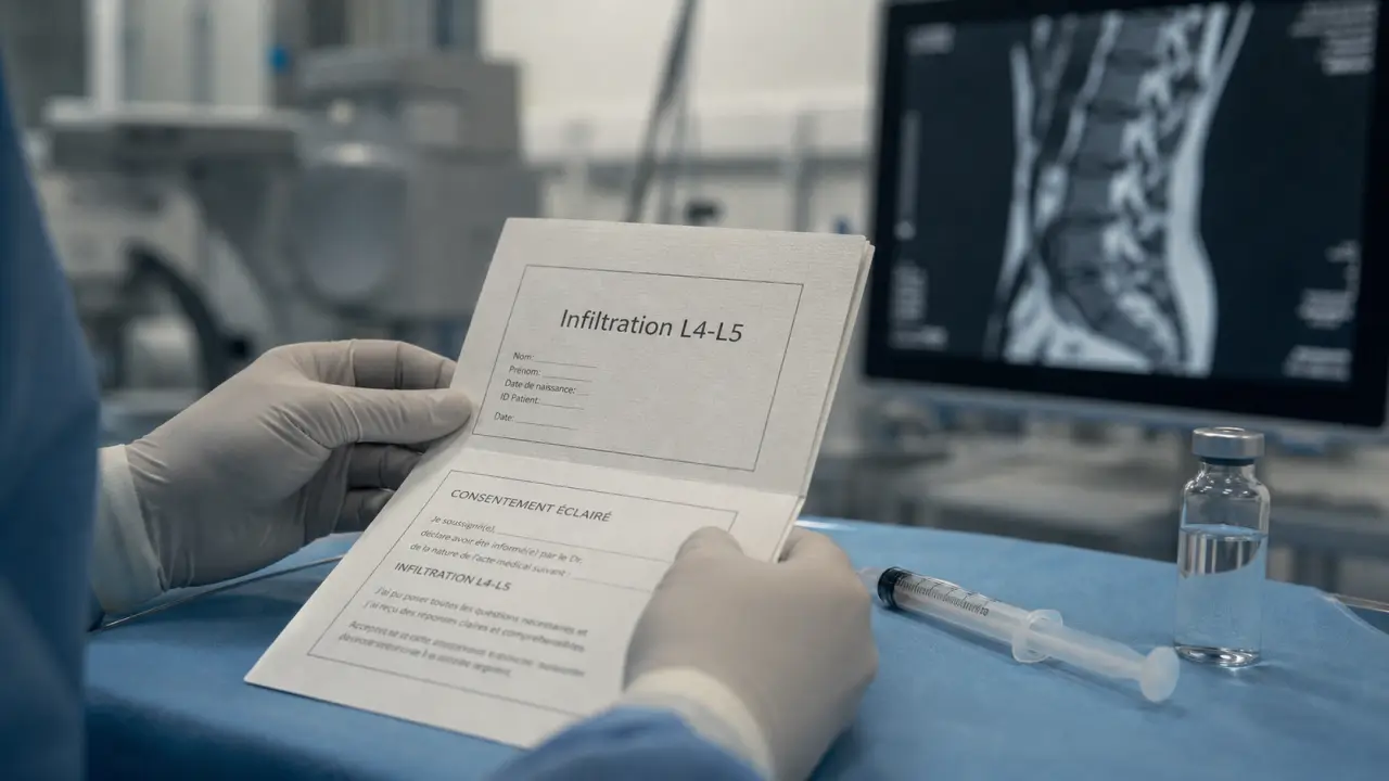 Infiltration lombaires l4 l5 : dossier médical et seringue stérile en salle de radiologie