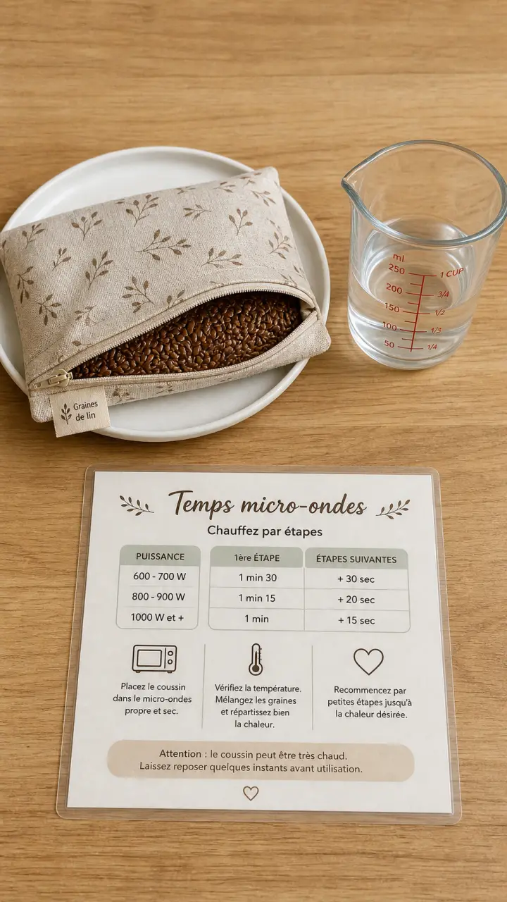 Bouillotte au micro ondes : grains de lin et eau, risque si trop chaud trop longtemps