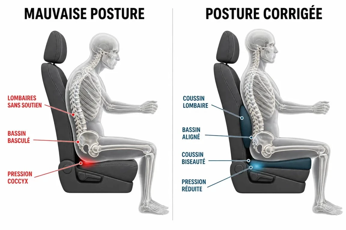 Coussin pour voiture mal de dos : schéma comparatif de posture avec coussin lombaire et coussin d’assise