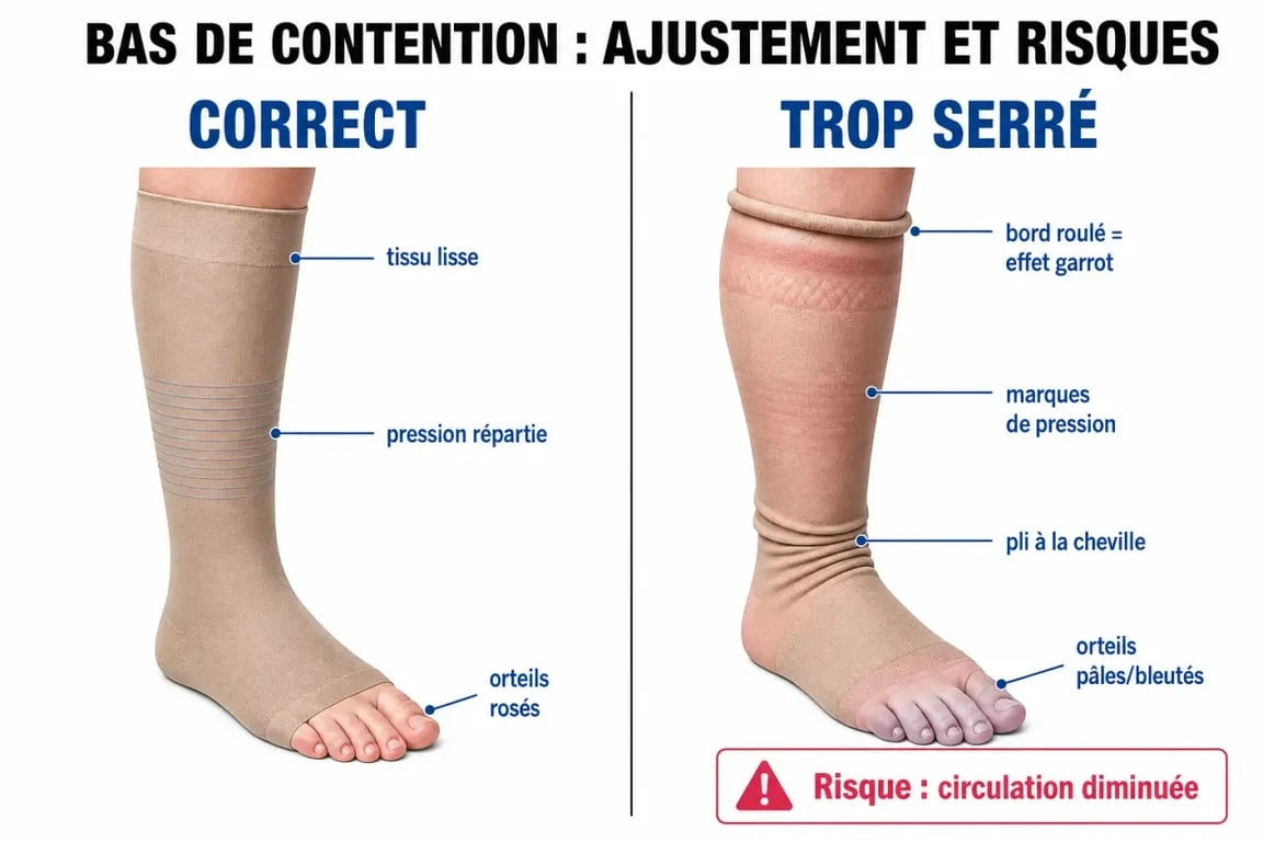 Bas de contention trop serré risques : schéma montrant une pose correcte et un mauvais ajustement avec pli à la cheville et bord roulé
