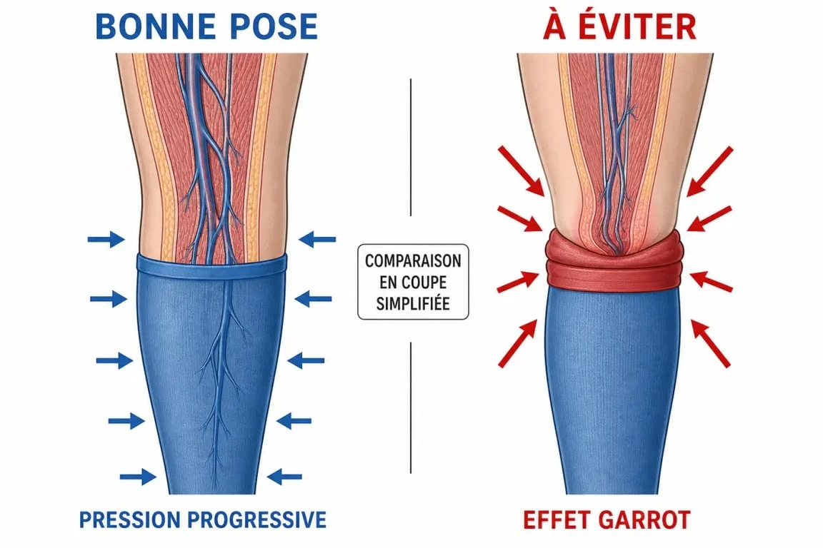Bas de contention pli genou : comparaison entre pose correcte et bas roulé créant un effet garrot