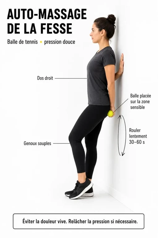 Geste de massage sciatique fessier avec une balle de tennis contre un mur
