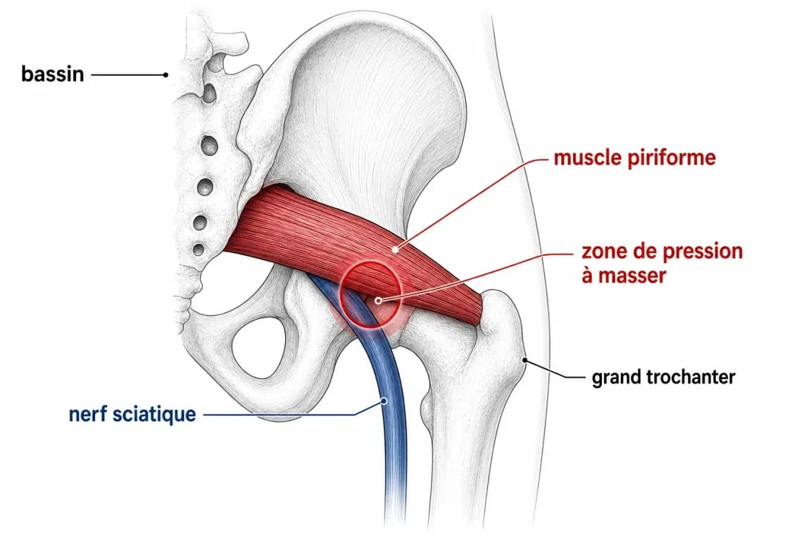 Schéma du massage sciatique fessier montrant le piriforme et le trajet du nerf sciatique