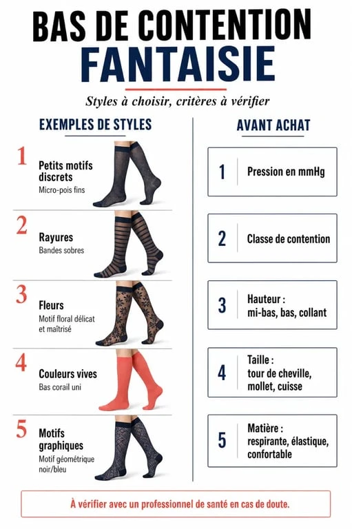 Infographie sur les bas de contention fantaisie : styles et critères à vérifier avant achat