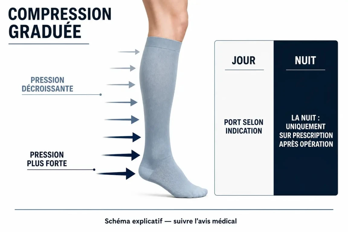 Bas de contention après opération la nuit : schéma médical du port jour/nuit et de la compression graduée
