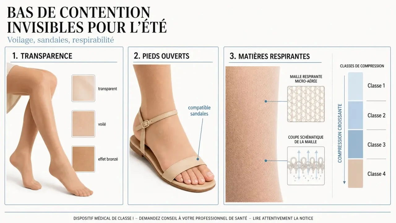 Bas de contention invisible pour l'été : comparaison des modèles transparents, voilés et à pieds ouverts