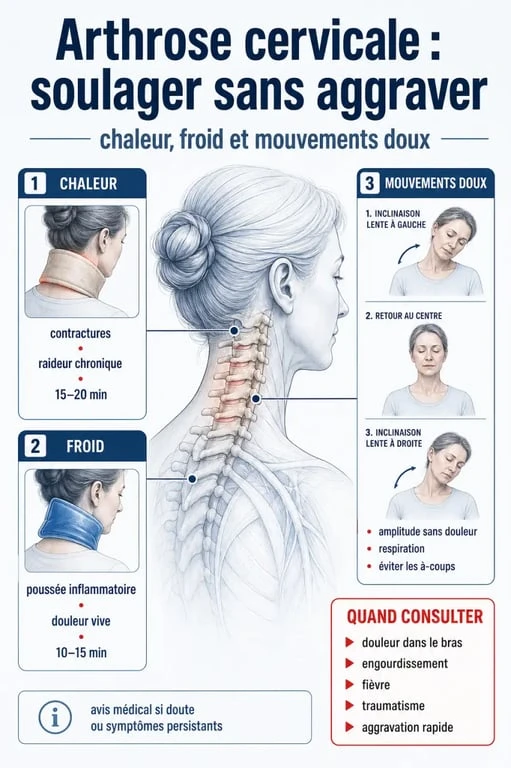 Remede pour arthrose cervicale : infographie sur chaleur, froid et quand consulter