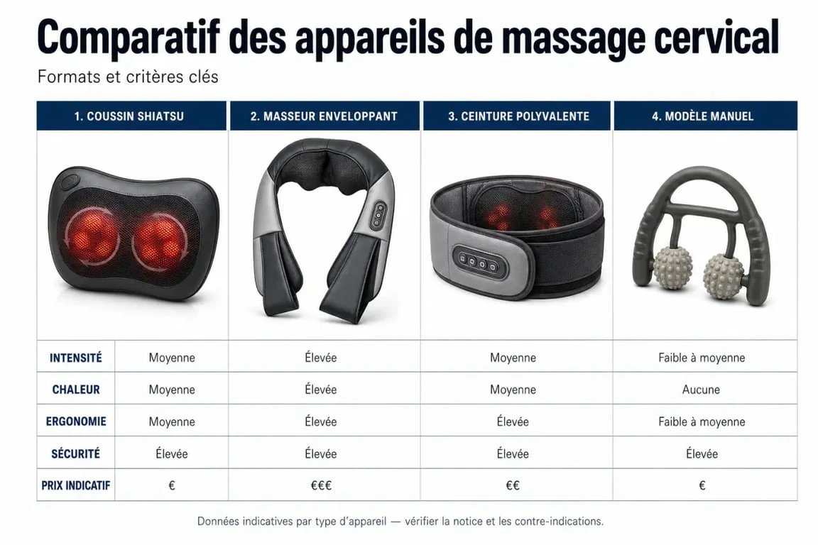 Appareil massage cervicales avis : comparatif visuel des types d’appareils et des critères clés