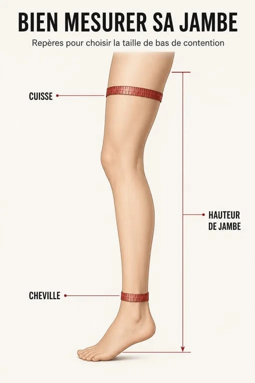 Schéma des mesures pour choisir la taille bas de contention : cheville, cuisse et hauteur de jambe