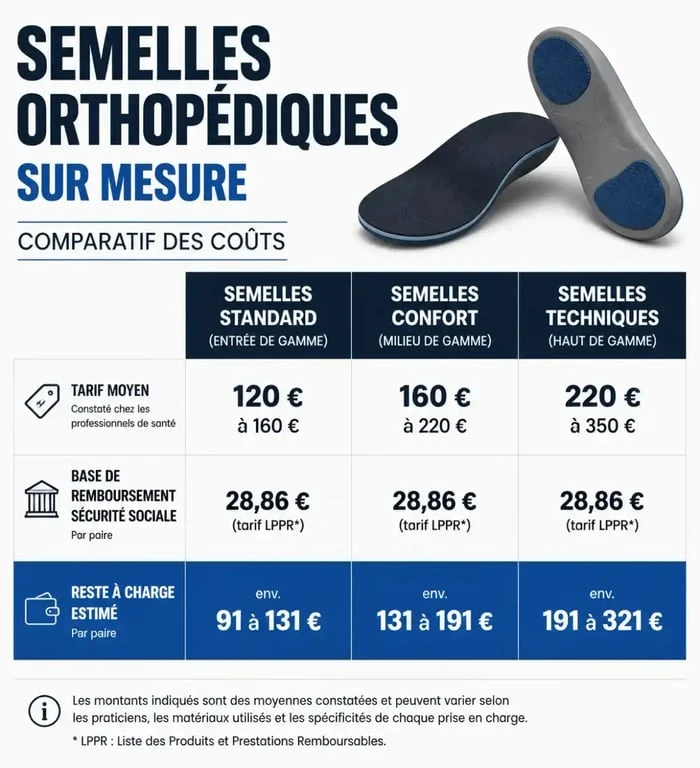 Infographie des tarifs et remboursements des semelles orthopédiques sur mesure