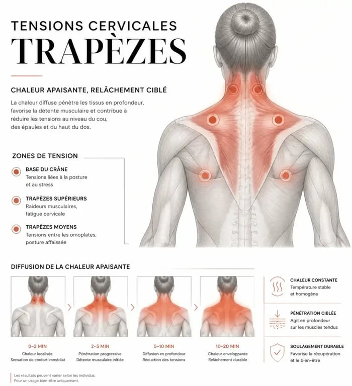 Infographie illustrant les bienfaits du coussin chauffant cervicales Lidl sur les tensions musculaires