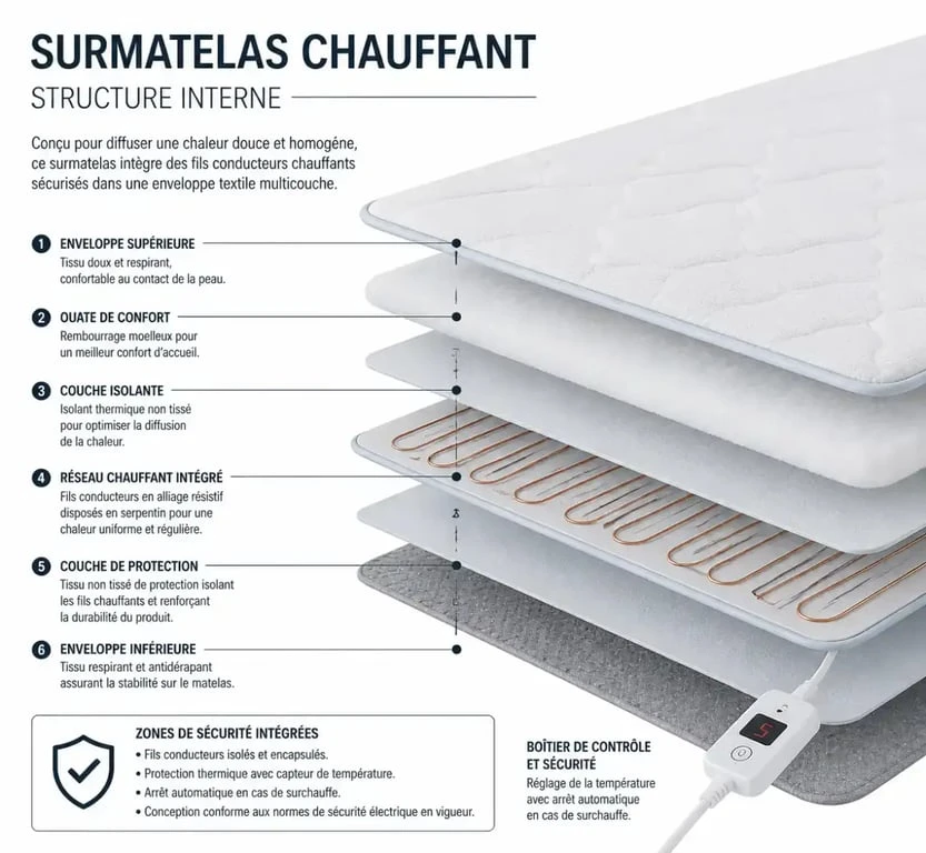 Schéma technique illustrant le fonctionnement d'un surmatelas chauffant et les risques de danger