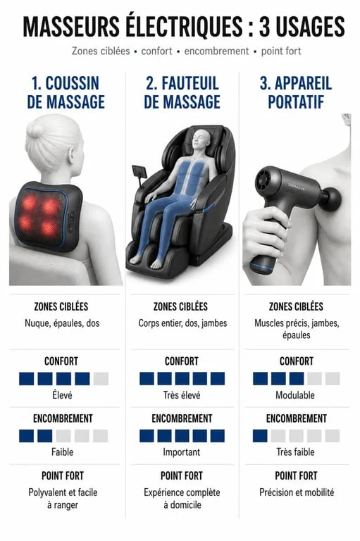 Comparatif des masseurs électriques : coussin, fauteuil et appareil portatif
