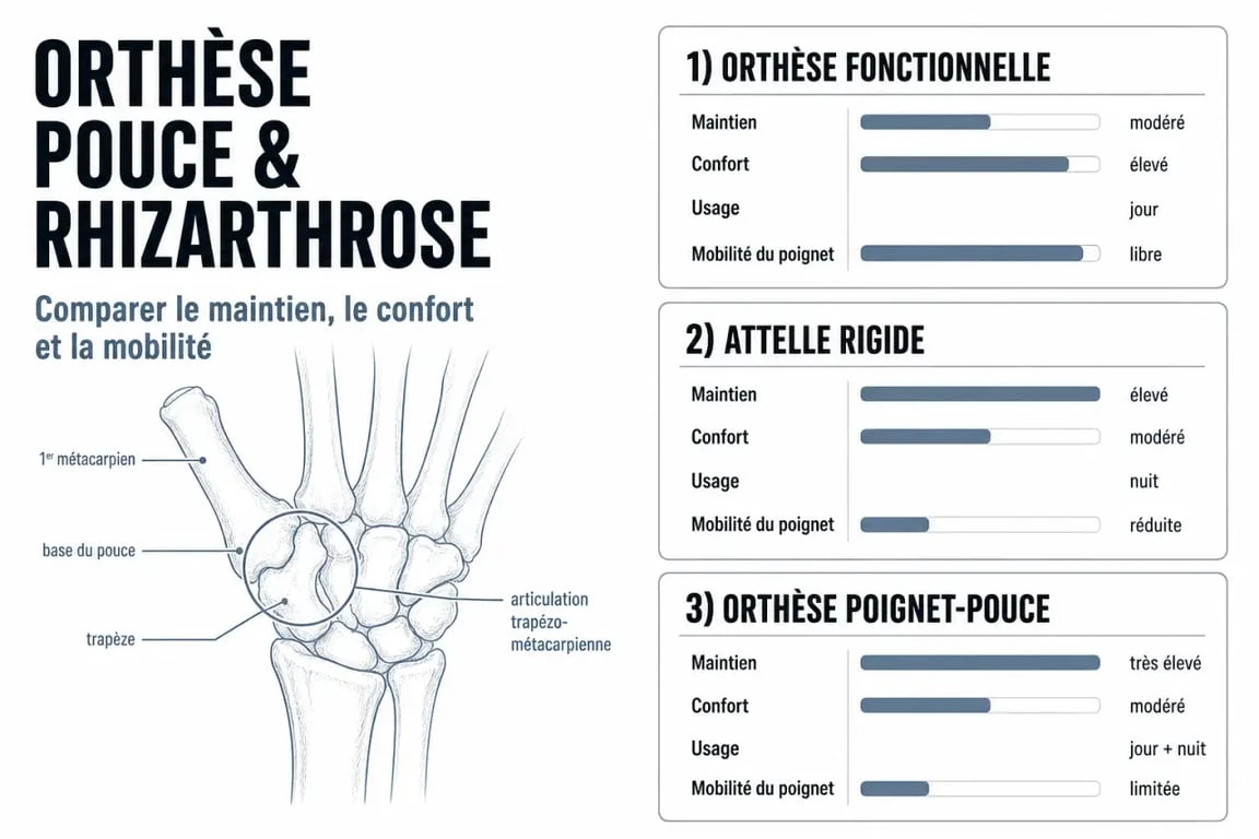 Orthèse pouce rhizarthrose comparée selon le maintien, le confort et l’usage jour/nuit