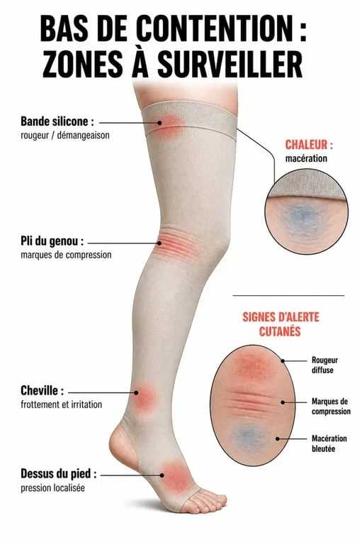 Allergie bas de contention : schéma des zones de frottement et des signes d’alerte sur la jambe