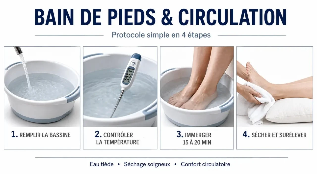 Bain de pied pour circulation sanguine : schéma des étapes avec température, durée et précautions