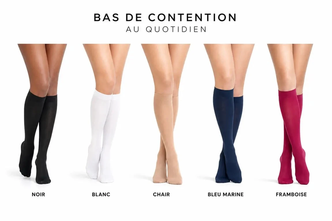 Bas de contention couleur : comparaison visuelle des teintes noir, blanc, chair, bleu marine et framboise portées au quotidien