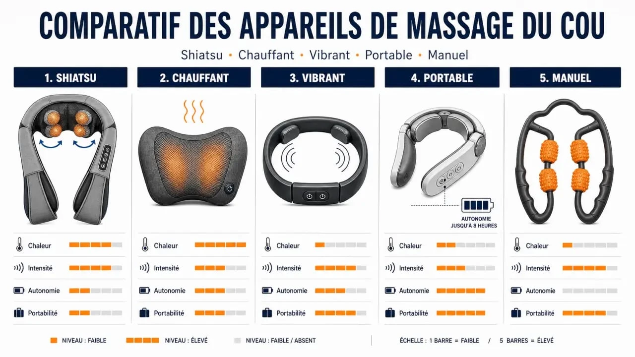 Appareil massage cou comparé selon shiatsu, chaleur, vibrations et portabilité