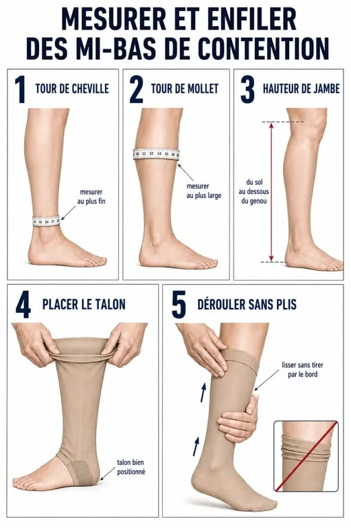 Mi bas de contention étapes pour mesurer la jambe et enfiler le textile correctement