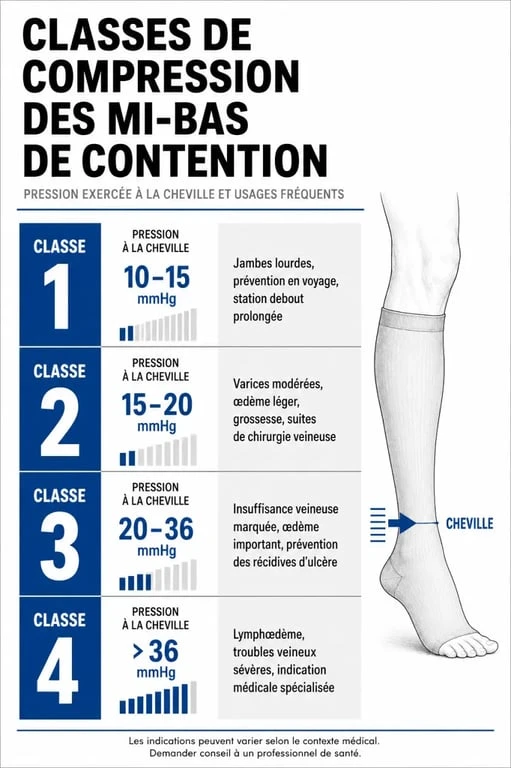 Mi bas de contention comparatif des classes de compression et de leurs usages