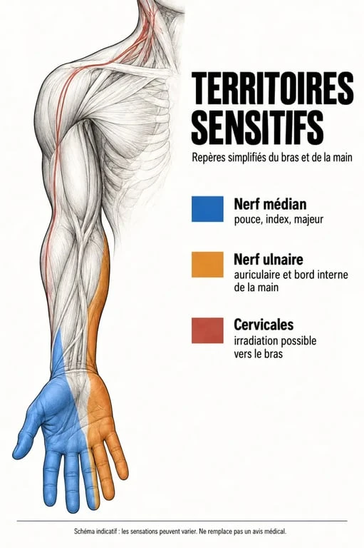 Schéma des zones associées au fourmillement main la nuit selon le nerf médian, ulnaire ou les cervicales