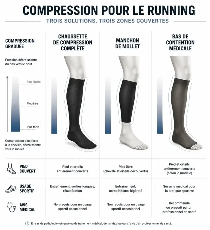 Bas de contention running : comparaison entre chaussette de compression, manchon de mollet et contention médicale
