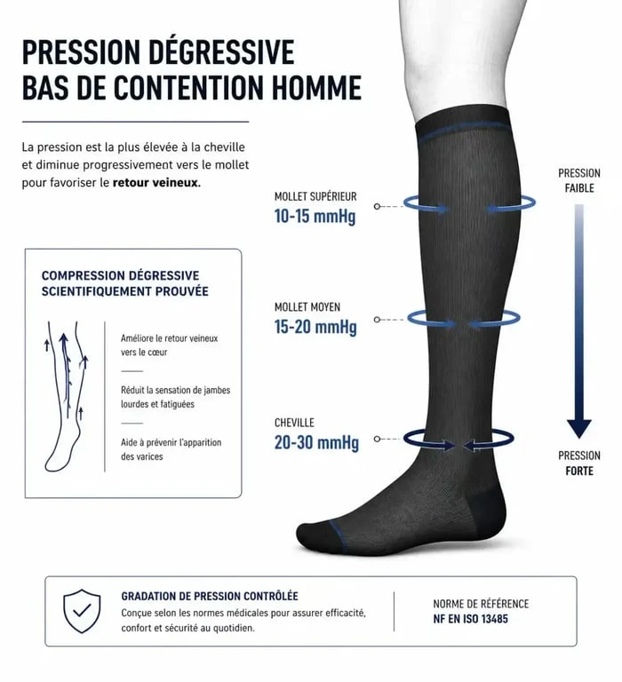 Schéma de la pression dégressive des bas de contention homme pour une meilleure circulation veineuse