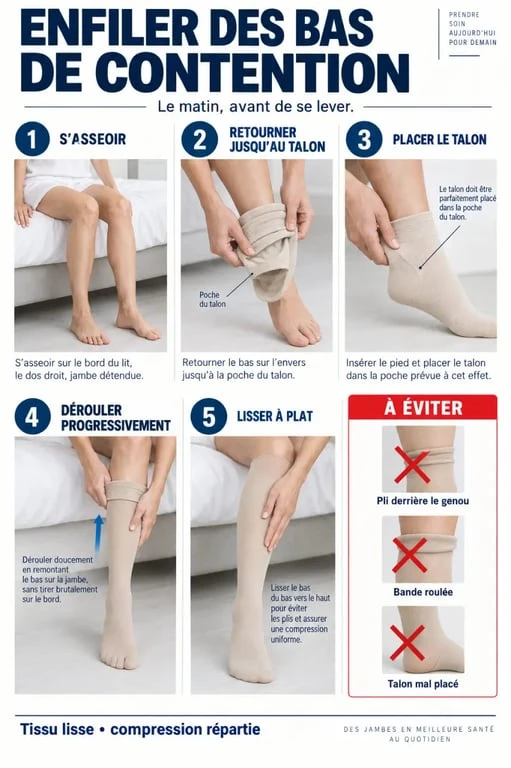 Jambes bas de contention avant après : étapes pour enfiler correctement un bas sans plis