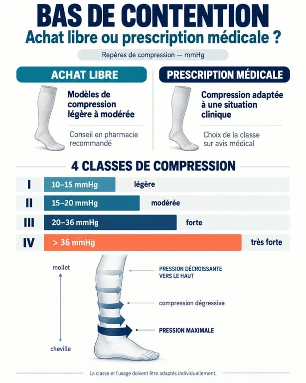 Infographie sur les bas de contention sans ordonnance, les classes de compression et la prescription médicale