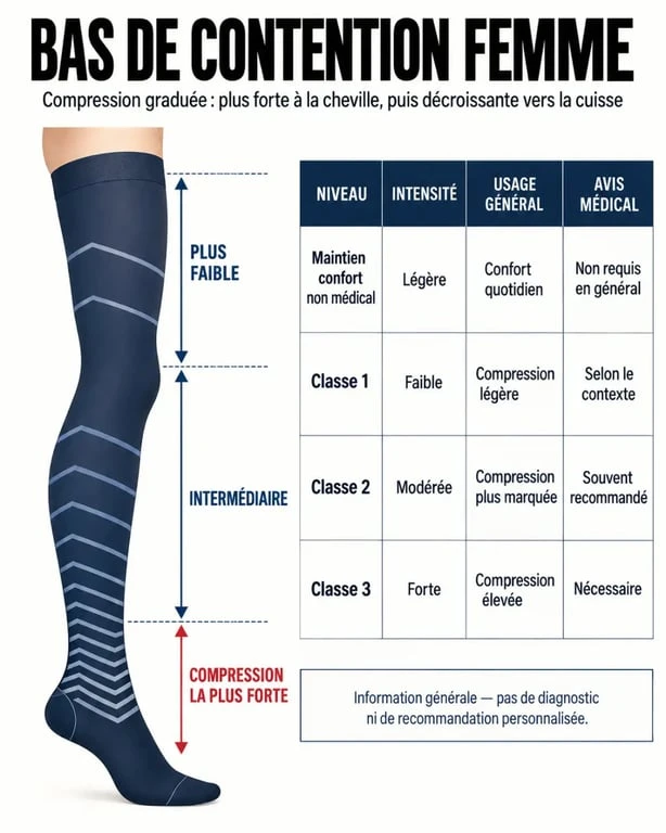 Infographie sur les bas de contention femme et les niveaux de compression graduée
