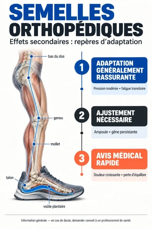 Infographie sur les effets secondaires des semelles orthopédiques et les signes d’adaptation ou de vigilance