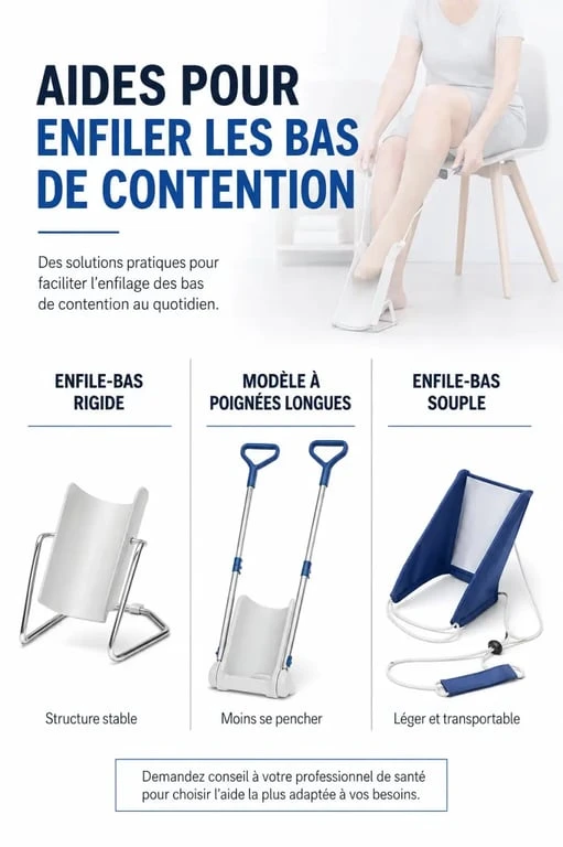 Appareil pour mettre les bas de contention : comparaison visuelle des modèles rigides, souples et à poignées