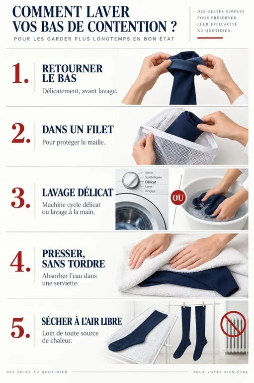 Comment laver des bas de contention : étapes du lavage, de l'essorage doux et du séchage à l'air libre