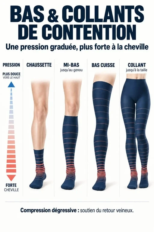 Bas et collants de contention : différences de hauteur et principe de compression graduée