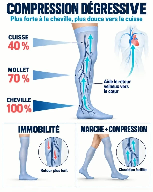 Infographie expliquant pourquoi mettre des bas de contention et le principe de compression dégressive