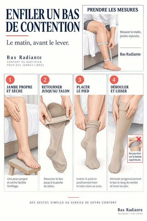 Étapes pour mesurer et enfiler correctement un bas de contention Radiante