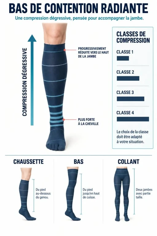 Infographie sur les bas de contention Radiante, la compression dégressive et les formats disponibles